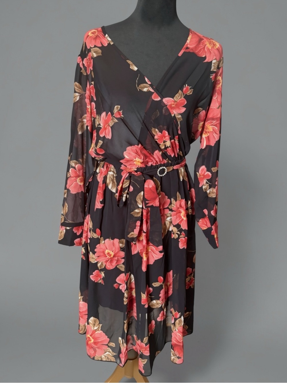 NWOT Alexa B Nites Black Floral Chiffon Maxi Wrap Dress Rhinestone Size 6